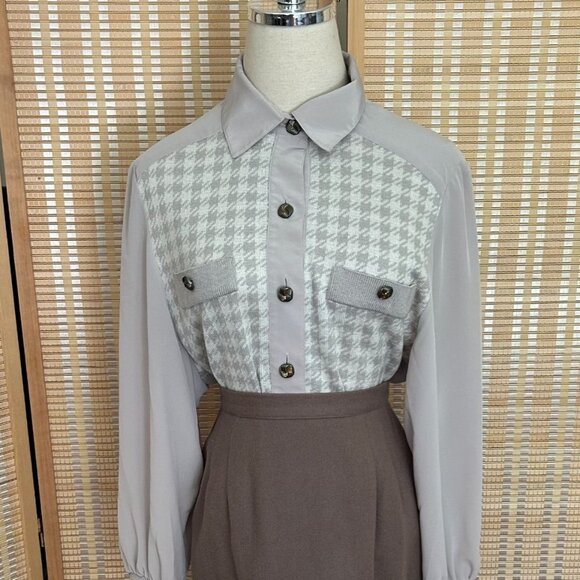 Vintage Gray Houndstooth Button-Up Cardigan Shirt - Picture 1 of 9